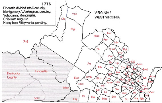 1776 County Map of Kentucky and Virginia